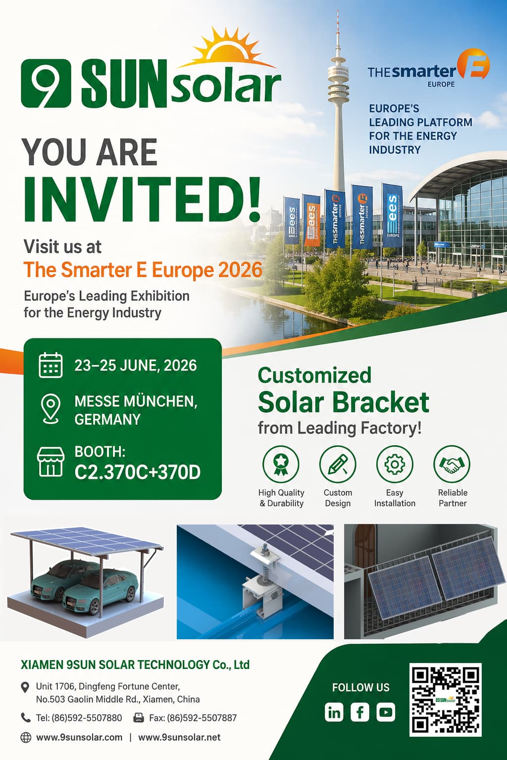 A XIAMEN 9SUN SOLAR TECHNOLOGY Co., Ltd convida você para o evento The Smarter E Europe 2026.